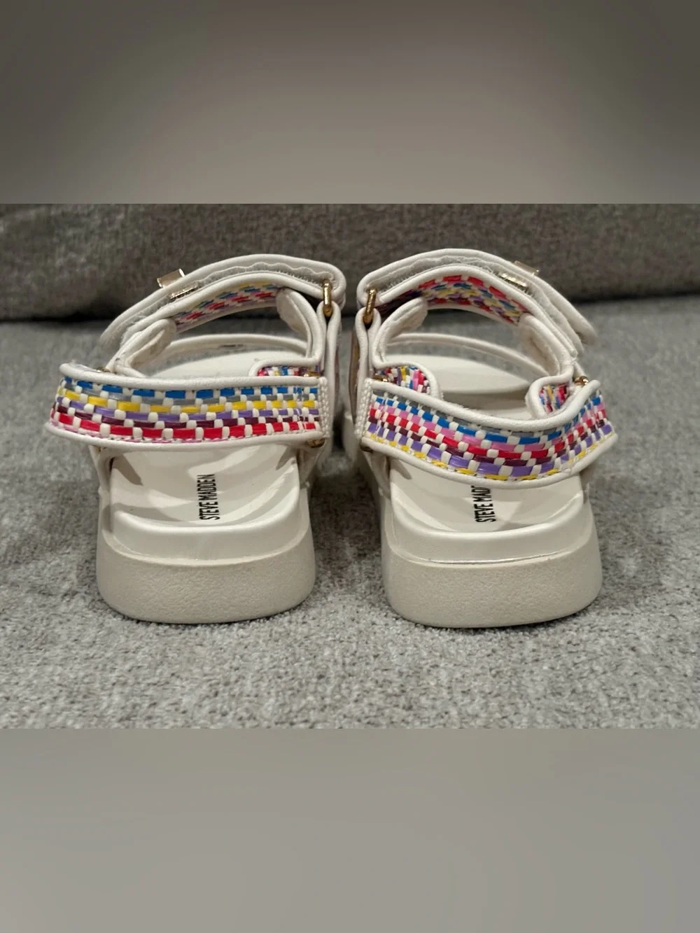 Steve Madden Woven Strap Kid’s White Sandals with Multicolor Accents